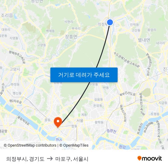 의정부시, 경기도 to 마포구, 서울시 map