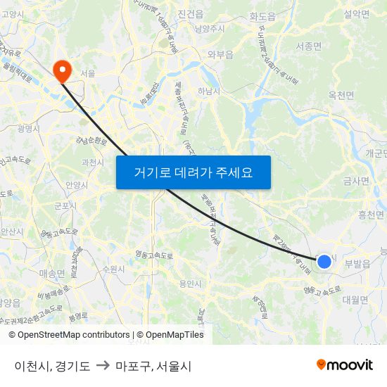 이천시, 경기도 to 마포구, 서울시 map