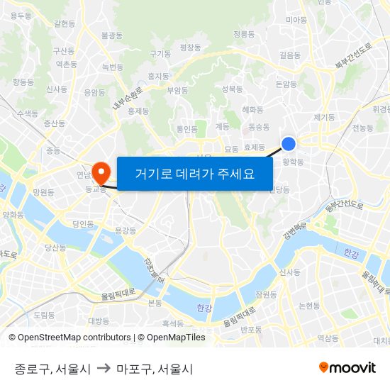종로구, 서울시 to 마포구, 서울시 map