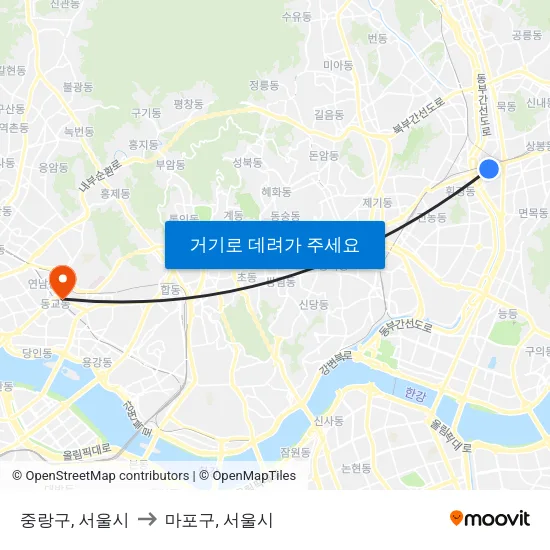 중랑구, 서울시 to 마포구, 서울시 map