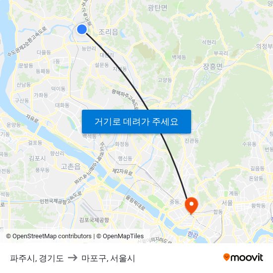 파주시, 경기도 to 마포구, 서울시 map