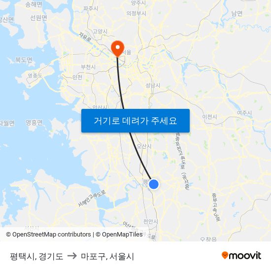 평택시, 경기도 to 마포구, 서울시 map