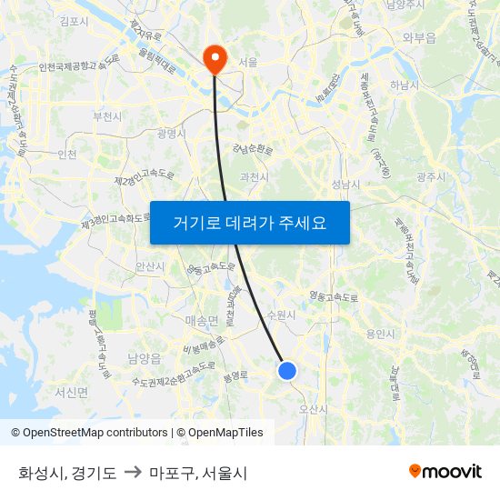 화성시, 경기도 to 마포구, 서울시 map