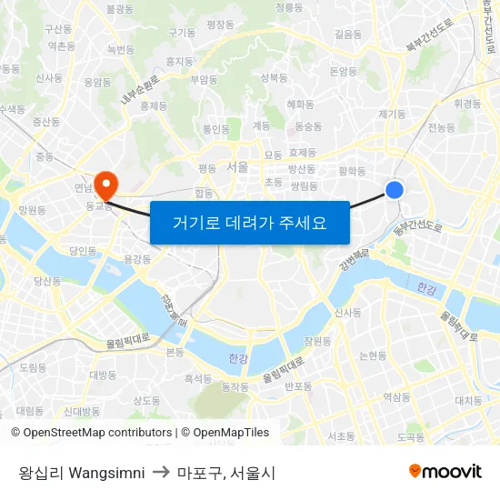 왕십리 Wangsimni to 마포구, 서울시 map