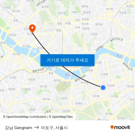 강남 Gangnam to 마포구, 서울시 map