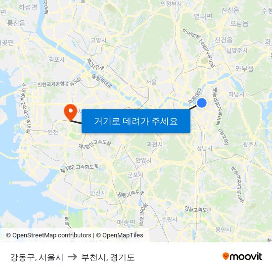 강동구, 서울시 to 부천시, 경기도 map