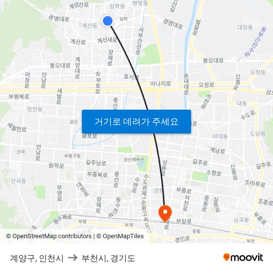 계양구, 인천시 to 부천시, 경기도 map