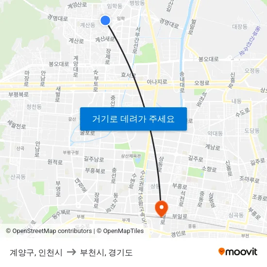 계양구, 인천시 to 부천시, 경기도 map