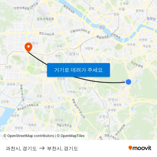 과천시, 경기도 to 부천시, 경기도 map
