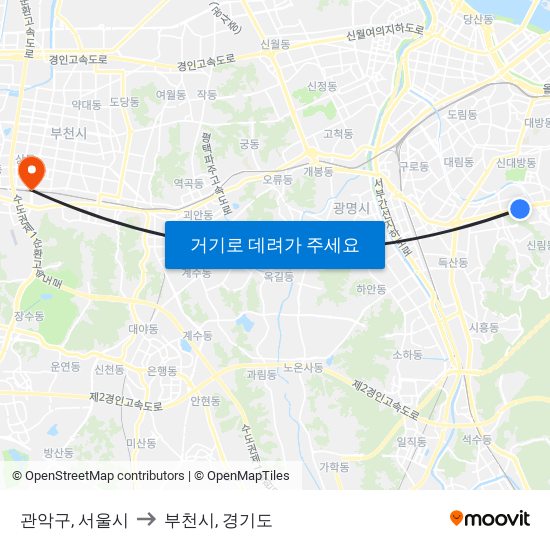 관악구, 서울시 to 부천시, 경기도 map