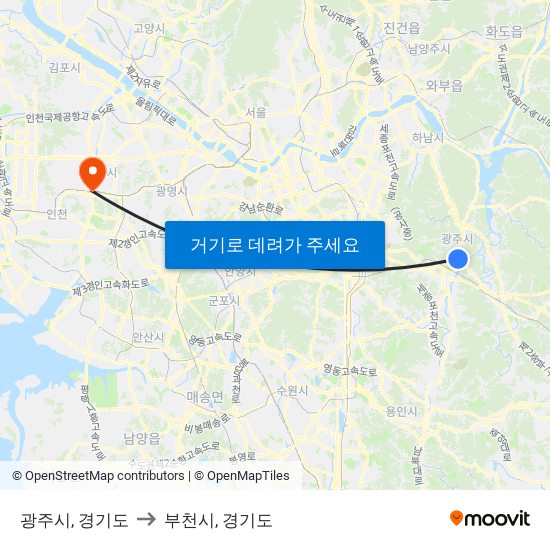 광주시, 경기도 to 부천시, 경기도 map