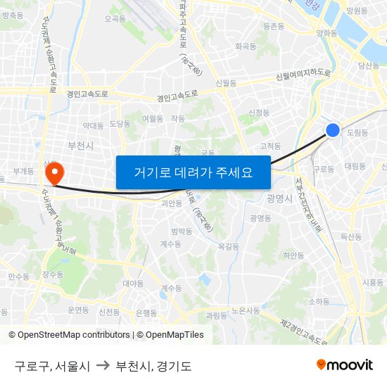 구로구, 서울시 to 부천시, 경기도 map