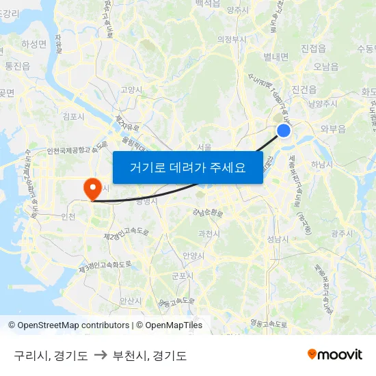 구리시, 경기도 to 부천시, 경기도 map