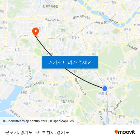 군포시, 경기도 to 부천시, 경기도 map