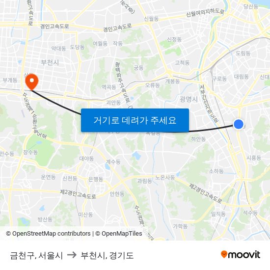 금천구, 서울시 to 부천시, 경기도 map