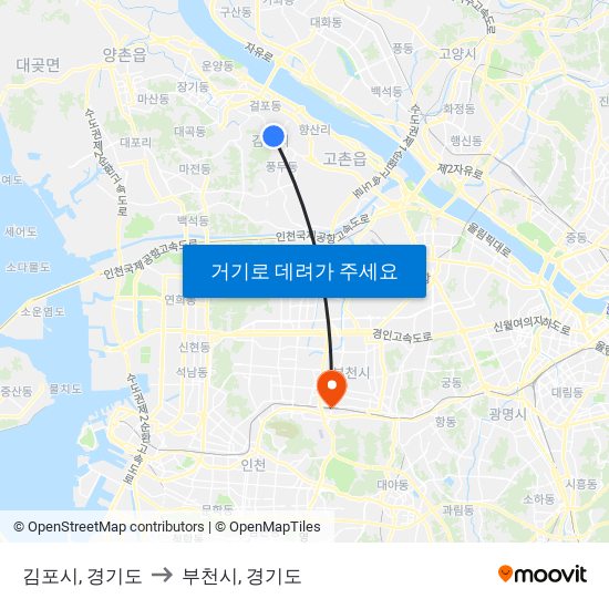 김포시, 경기도 to 부천시, 경기도 map