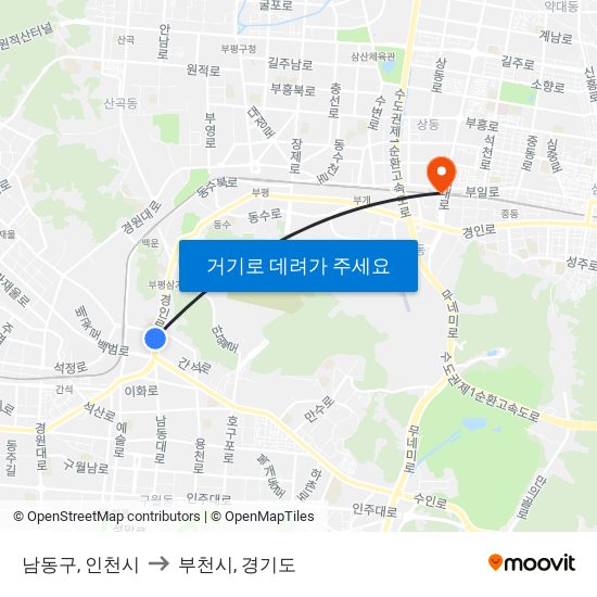 남동구, 인천시 to 부천시, 경기도 map