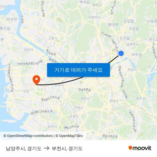 남양주시, 경기도 to 부천시, 경기도 map