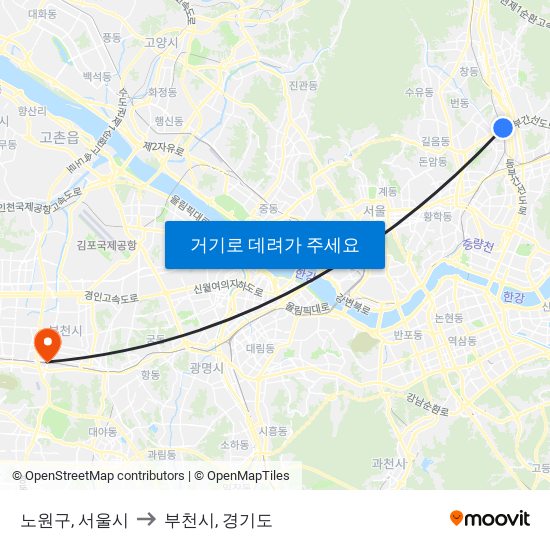 노원구, 서울시 to 부천시, 경기도 map