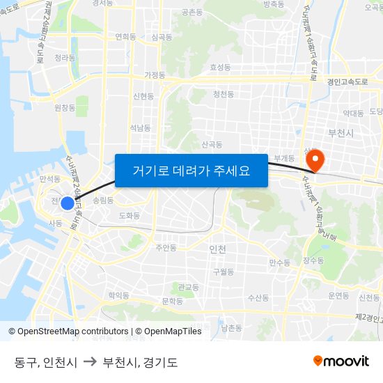 동구, 인천시 to 부천시, 경기도 map
