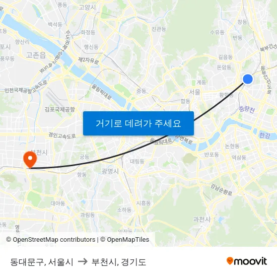 동대문구, 서울시 to 부천시, 경기도 map