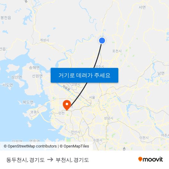 동두천시, 경기도 to 부천시, 경기도 map