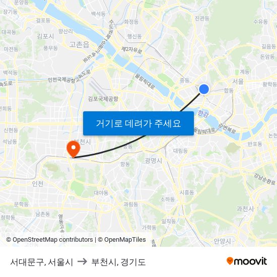 서대문구, 서울시 to 부천시, 경기도 map