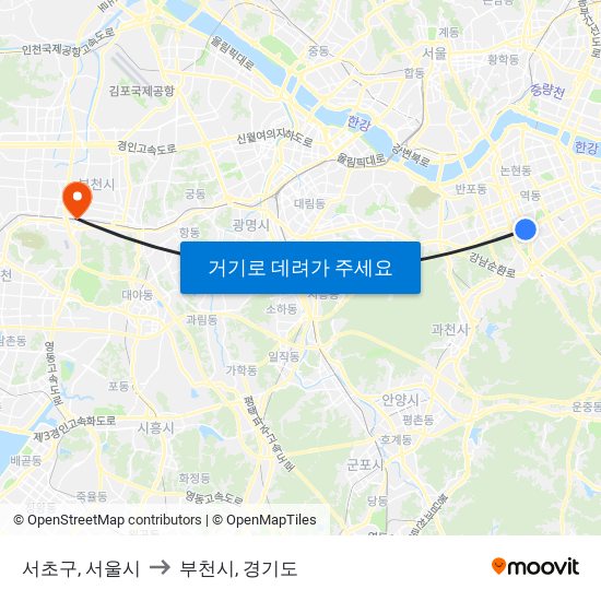 서초구, 서울시 to 부천시, 경기도 map