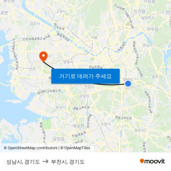 성남시, 경기도 to 부천시, 경기도 map