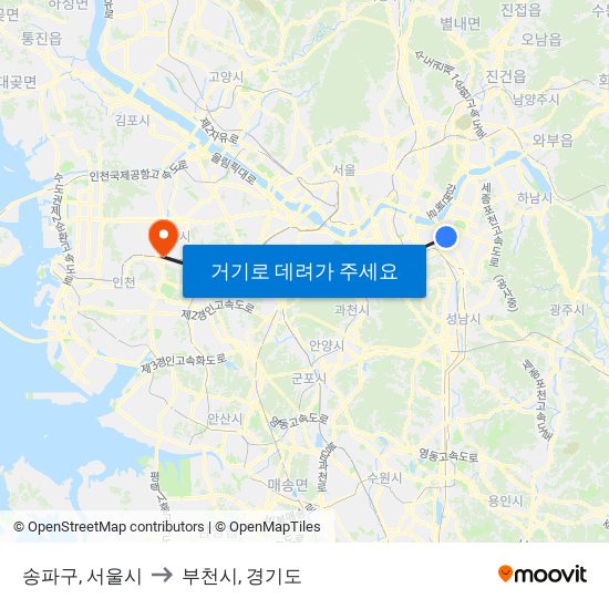 송파구, 서울시 to 부천시, 경기도 map