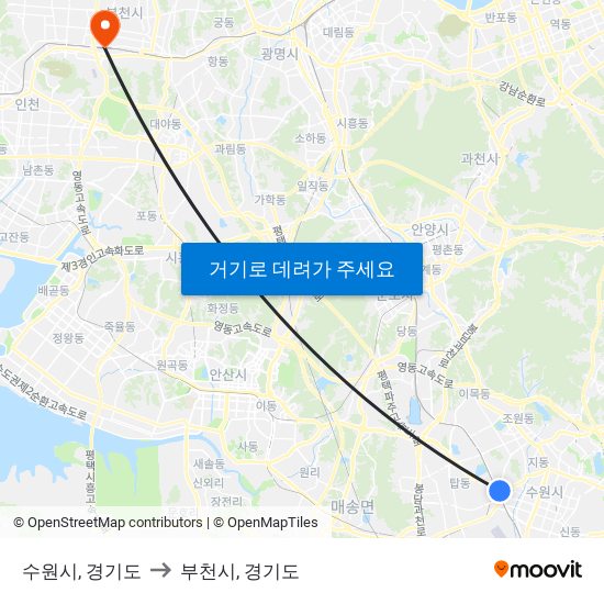 수원시, 경기도 to 부천시, 경기도 map