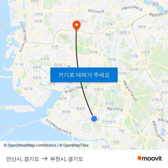 안산시, 경기도 to 부천시, 경기도 map