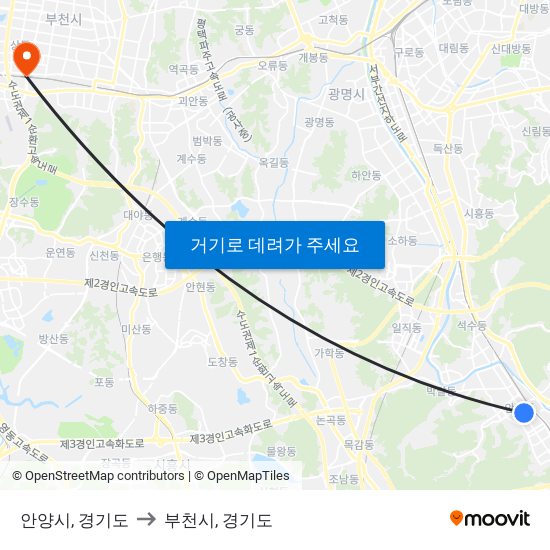 안양시, 경기도 to 부천시, 경기도 map