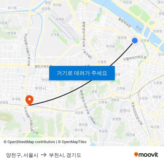 양천구, 서울시 to 부천시, 경기도 map