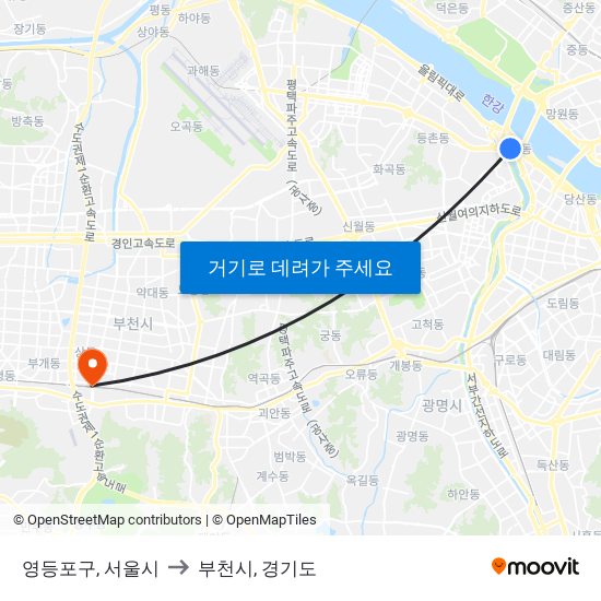 영등포구, 서울시 to 부천시, 경기도 map