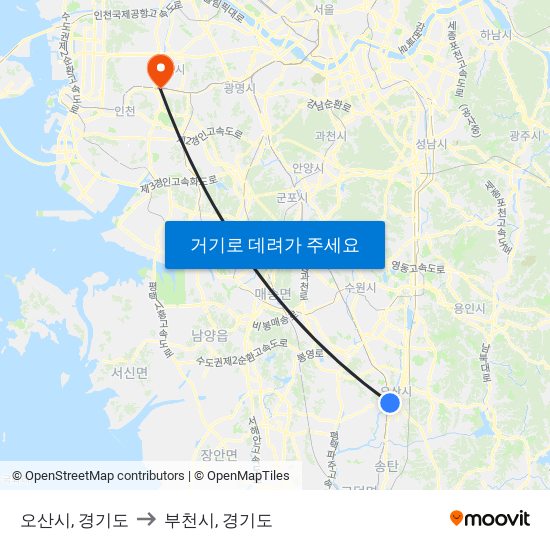 오산시, 경기도 to 부천시, 경기도 map