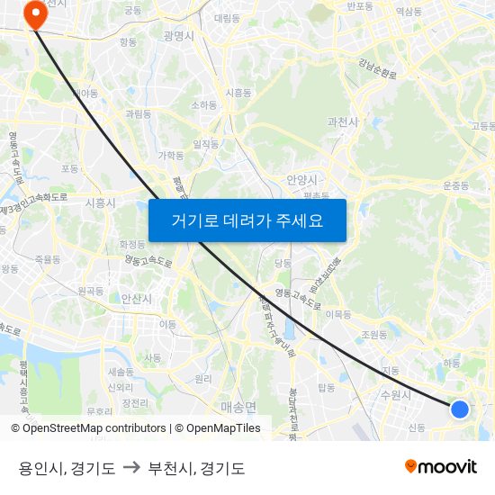 용인시, 경기도 to 부천시, 경기도 map