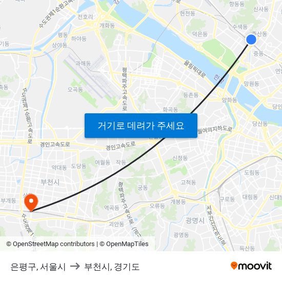 은평구, 서울시 to 부천시, 경기도 map