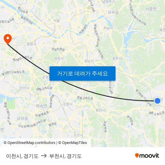 이천시, 경기도 to 부천시, 경기도 map