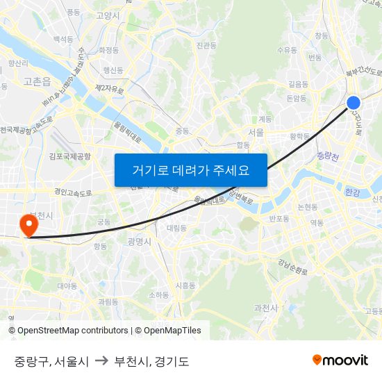 중랑구, 서울시 to 부천시, 경기도 map