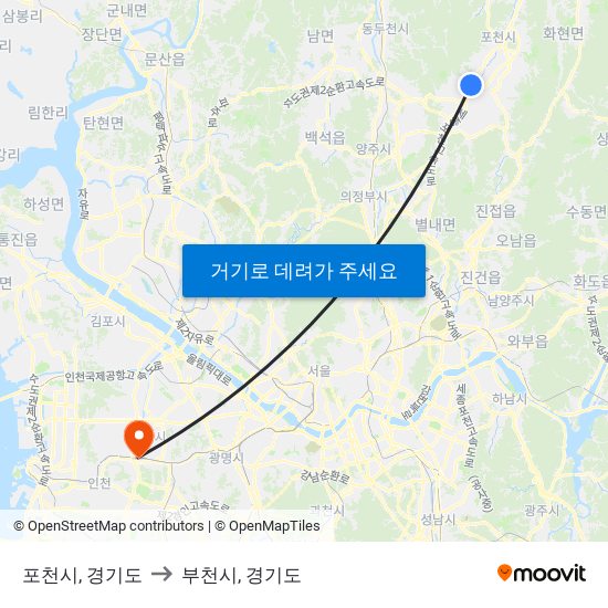 포천시, 경기도 to 부천시, 경기도 map