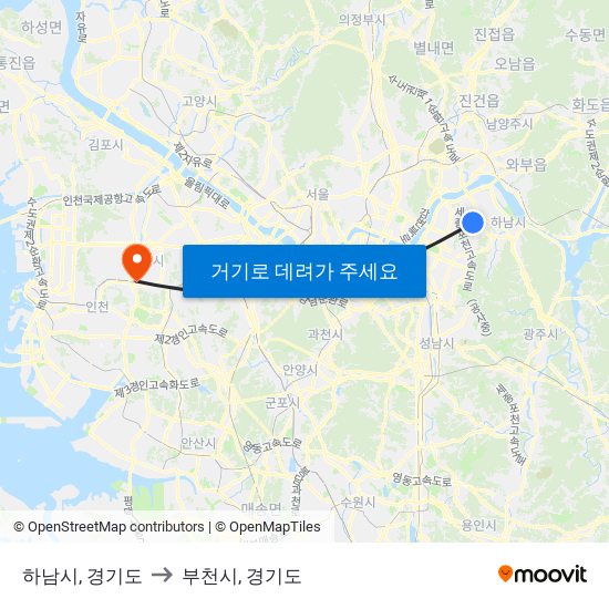 하남시, 경기도 to 부천시, 경기도 map