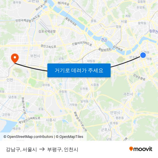 강남구, 서울시 to 부평구, 인천시 map