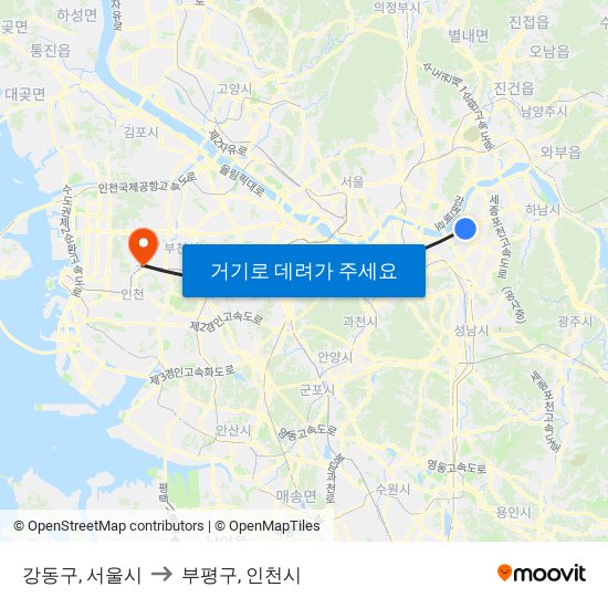 강동구, 서울시 to 부평구, 인천시 map