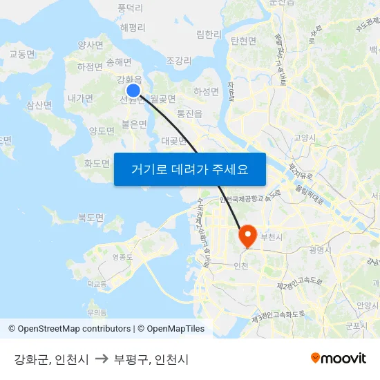 강화군, 인천시 to 부평구, 인천시 map