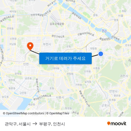 관악구, 서울시 to 부평구, 인천시 map