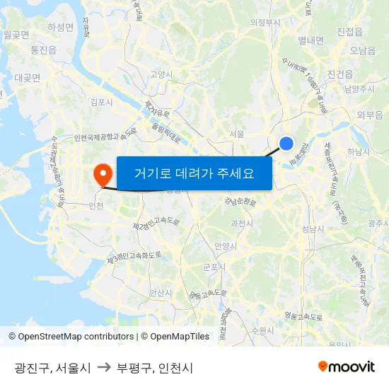 광진구, 서울시 to 부평구, 인천시 map