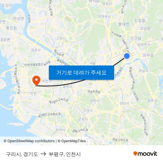 구리시, 경기도 to 부평구, 인천시 map