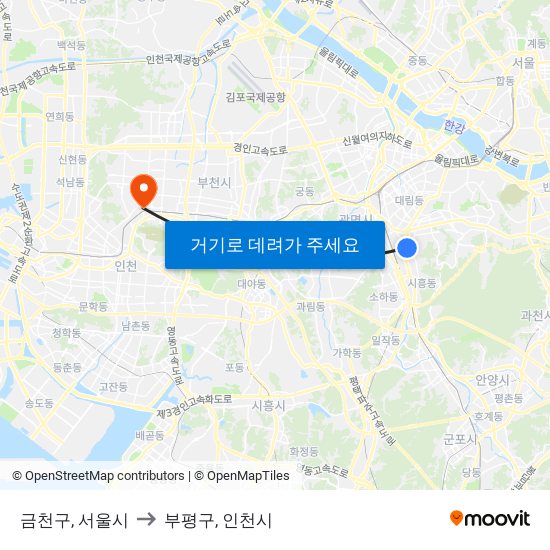 금천구, 서울시 to 부평구, 인천시 map