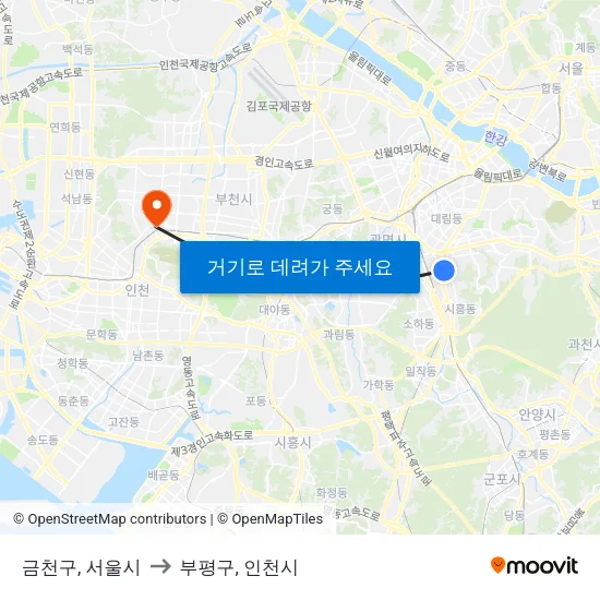 금천구, 서울시 to 부평구, 인천시 map